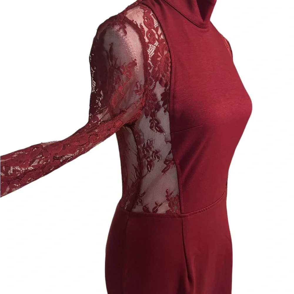 TOBI High Neck Backless Maroon Bodycon Dress w/ See-Thru Lace - Picture 6 of 13